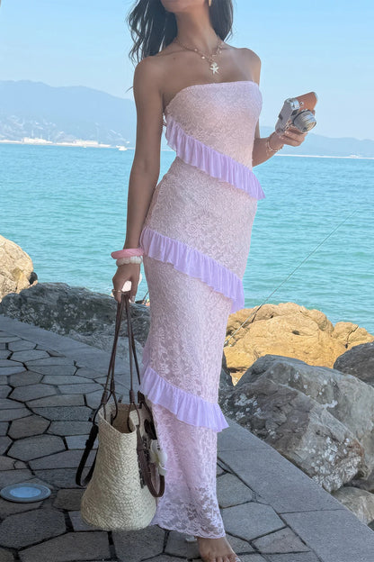 Solid Off Shoulder Bodycon Lace Maxi Dress