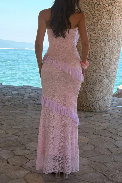Solid Off Shoulder Bodycon Lace Maxi Dress