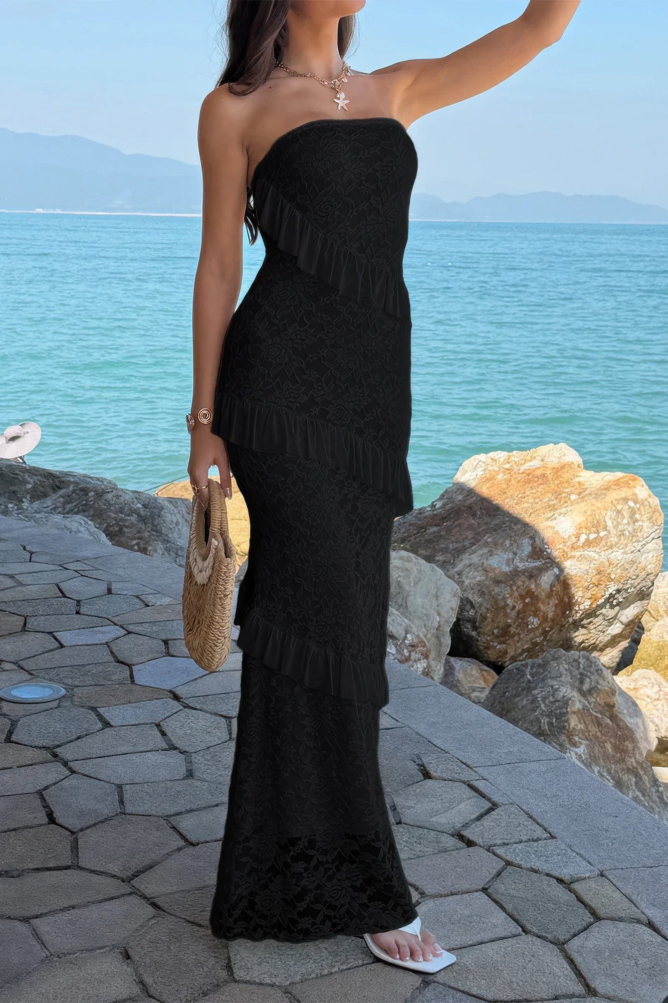 Solid Off Shoulder Bodycon Lace Maxi Dress