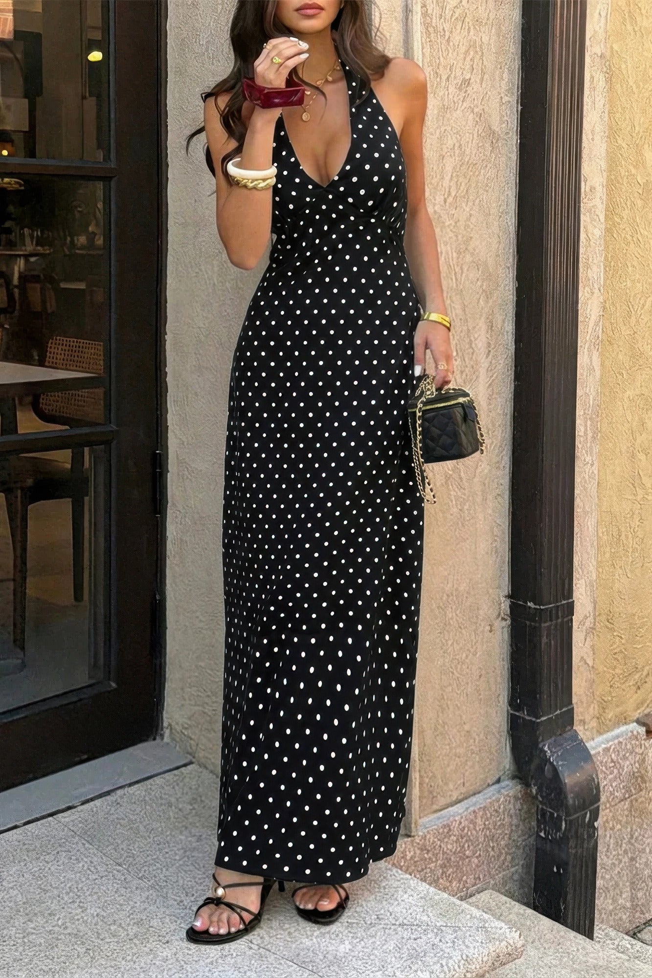 Polkadot Halter Bodycon Sleeveless Long Dress