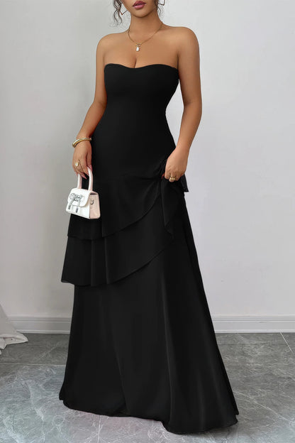 Off Shoulder Cross Back High Waist Layer Maxi Dress