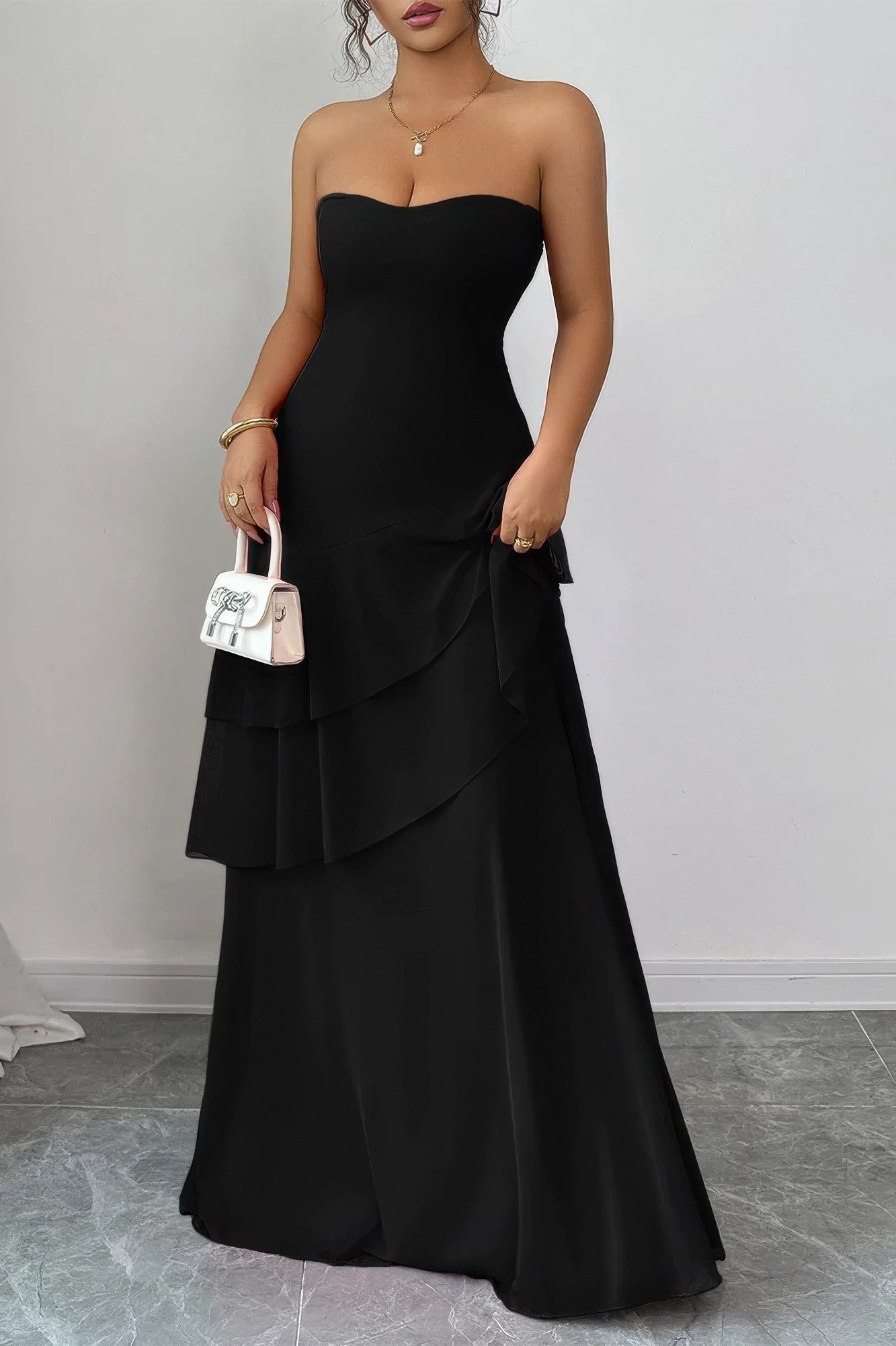 Off Shoulder Cross Back High Waist Layer Maxi Dress