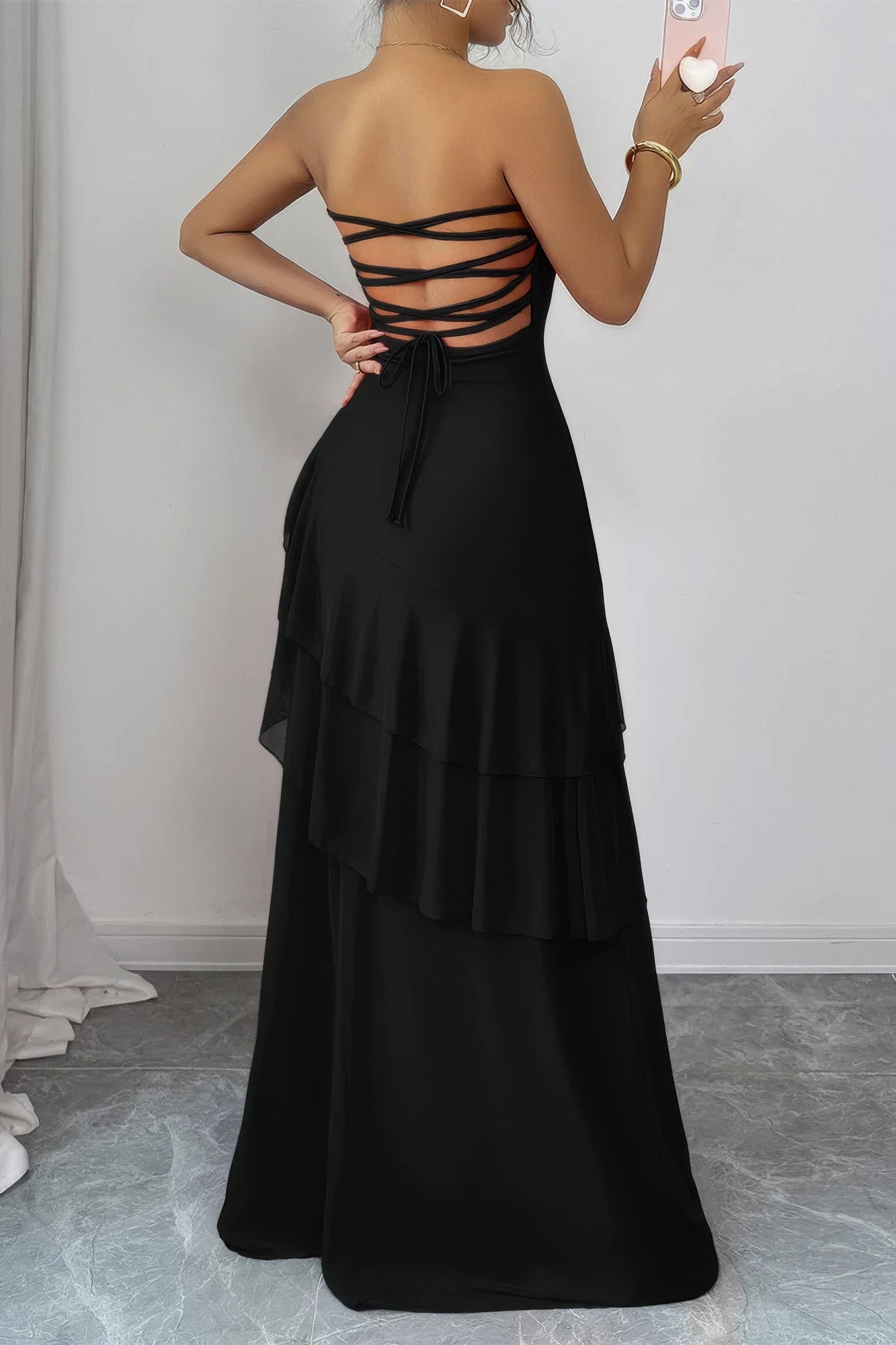 Off Shoulder Cross Back High Waist Layer Maxi Dress