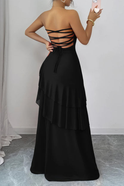 Off Shoulder Cross Back High Waist Layer Maxi Dress