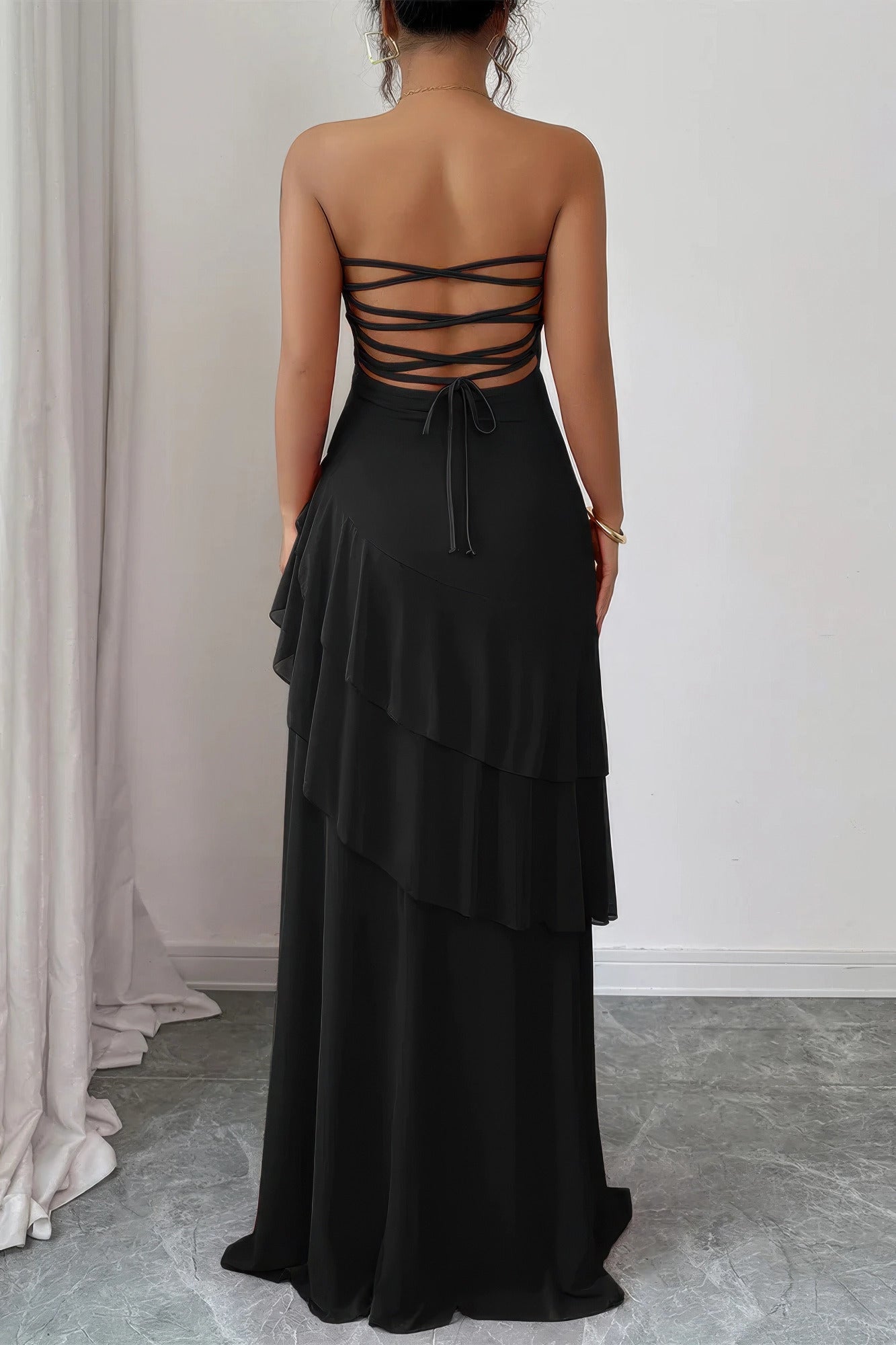 Off Shoulder Cross Back High Waist Layer Maxi Dress
