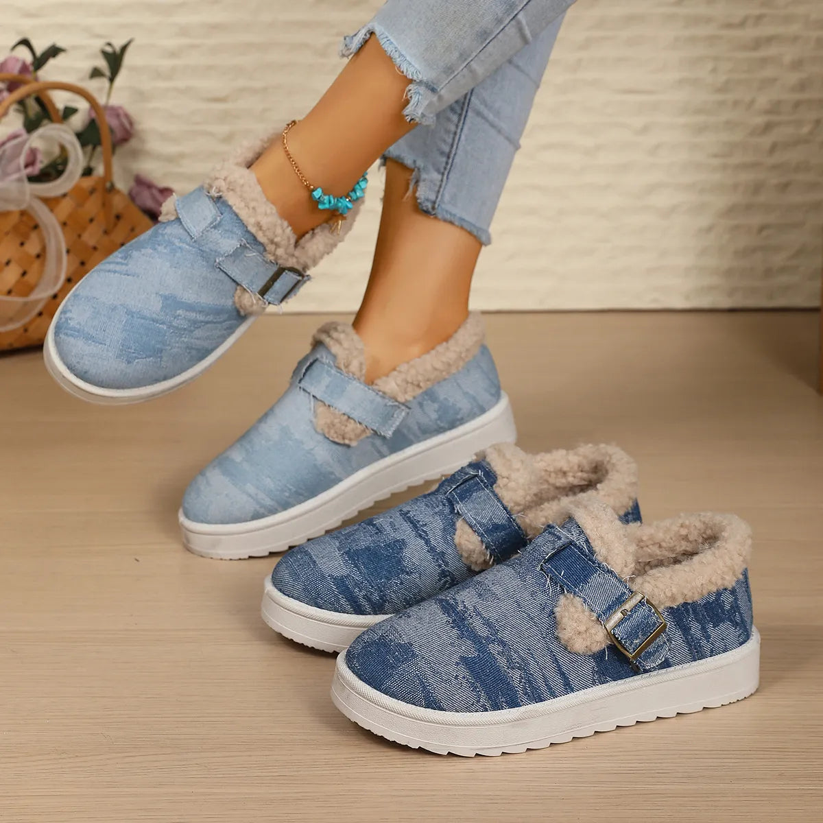Lined denim-look buckle shoes