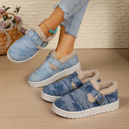 Lined denim-look buckle shoes