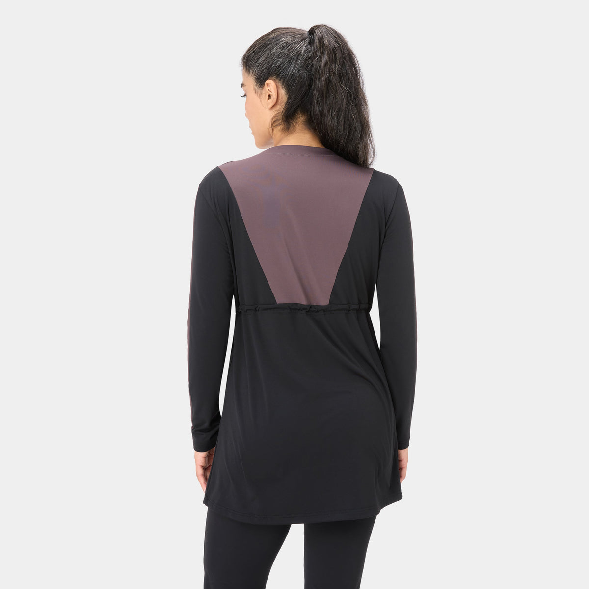 Onyx Flow Longline Modest Training Top — Black & Burnt Mauve — original product photograph
