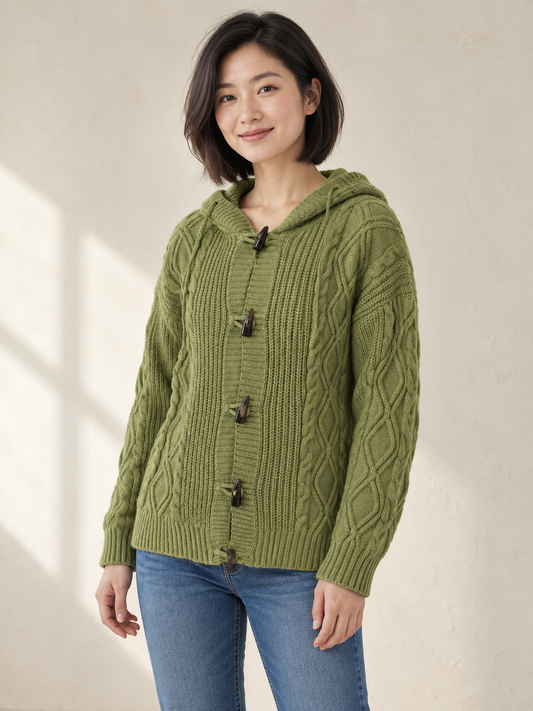Cable-knit hooded toggle cardigan