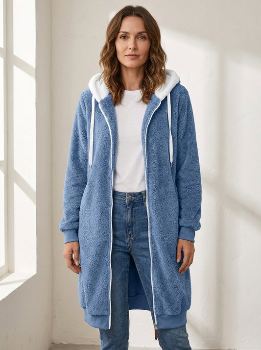 Longline hooded zip-front fleece jacket
