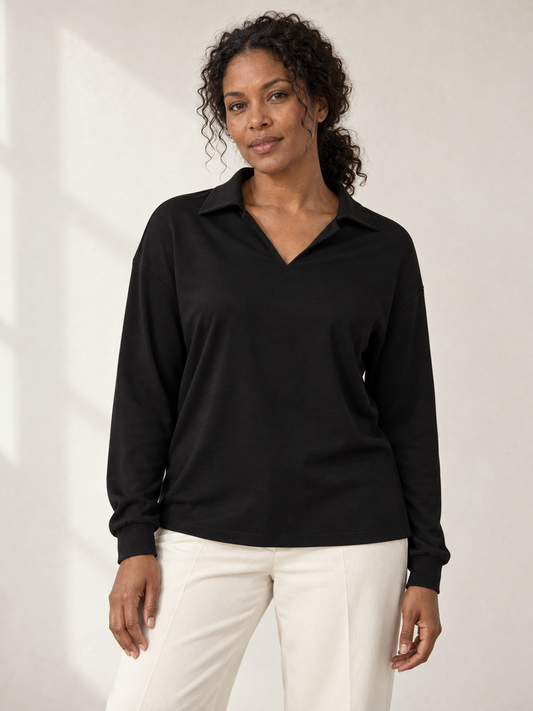 Ella Long-Sleeve Polo — Black