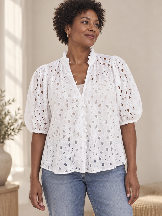 Eyelet button-front blouse