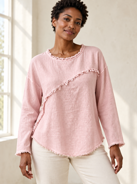 Frayed-trim long-sleeve blouse