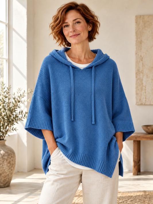 Hooded three-quarter-sleeve knit pullover