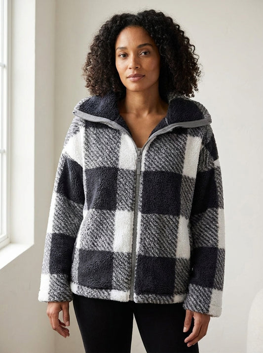 Plaid zip-front fleece jacket