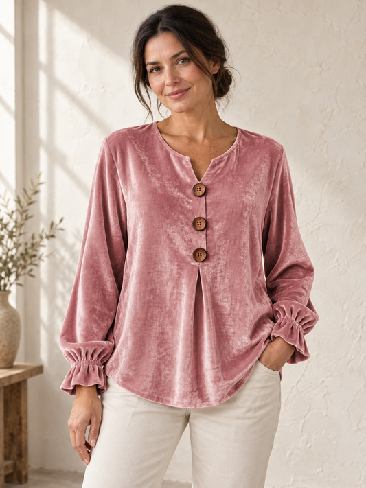 Velvet button-detail blouse with ruffled cuffs