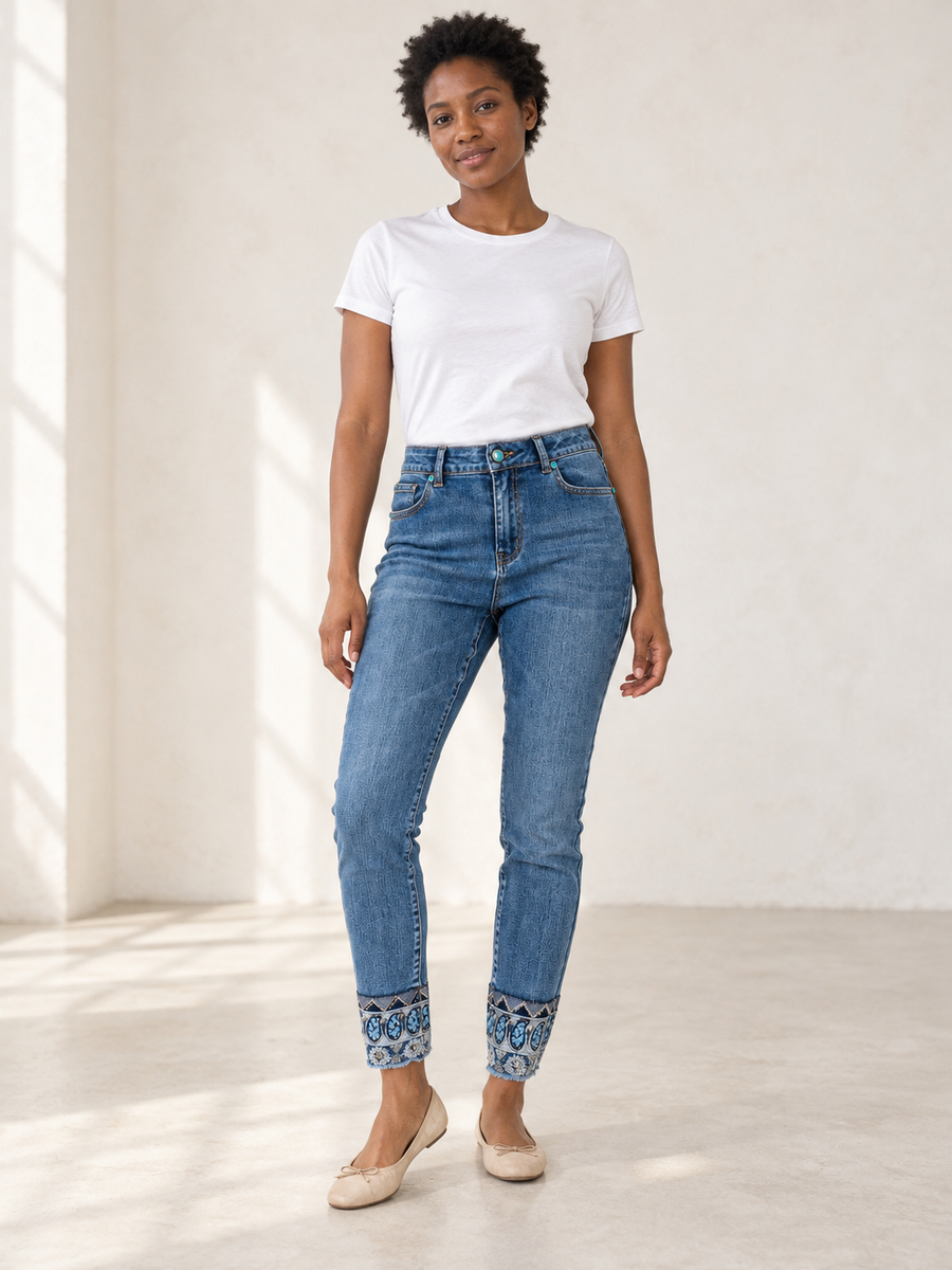 Paisley Embroidered Ankle Jeans — Medium Blue