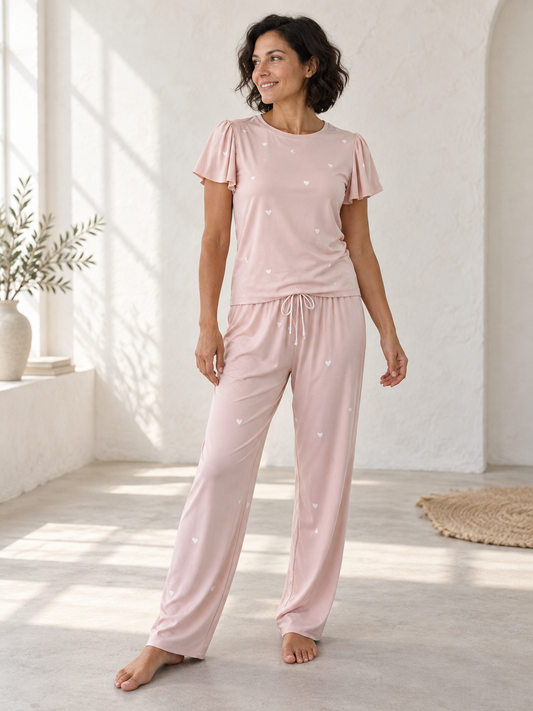 Heartfull PJ – Silky Printed Pajama Set 2PC In Blush Hearts
