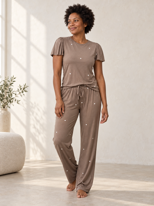 Heartfull PJ – Silky Printed Pajama Set 2PC In Mochacinno Hearts
