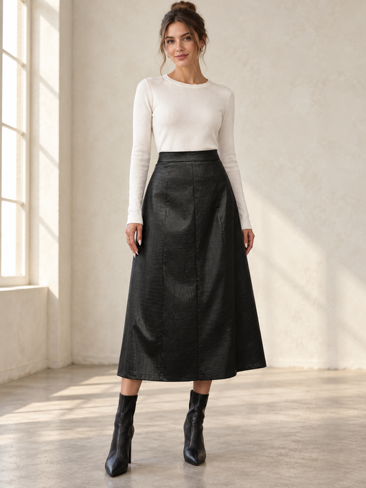 Croc-effect A-line midi skirt