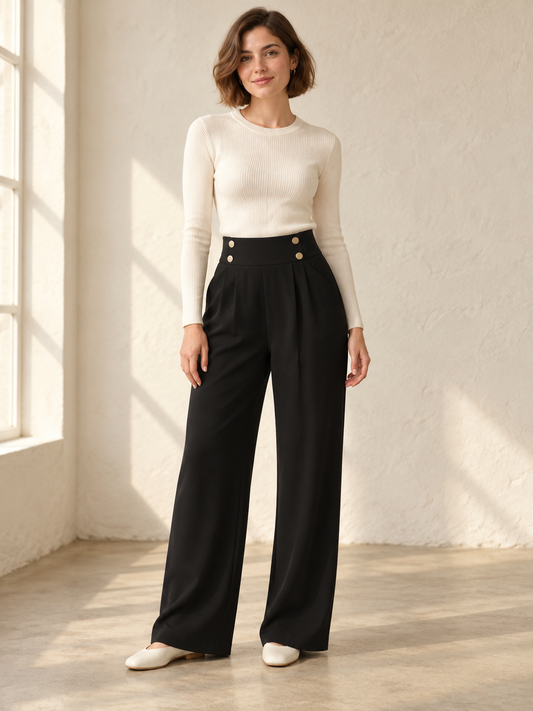 High-waist wide-leg trousers with button detail