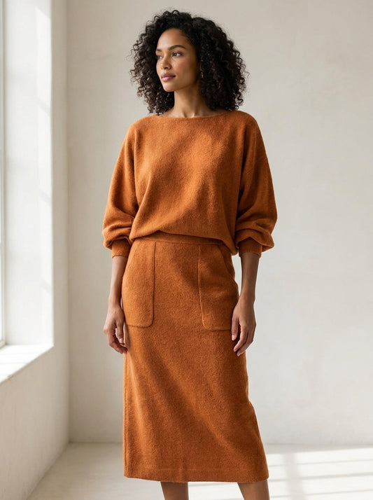 Long-sleeve top and midi skirt set