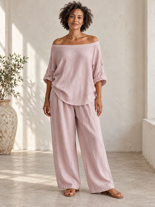 Off-shoulder top and relaxed trousers set