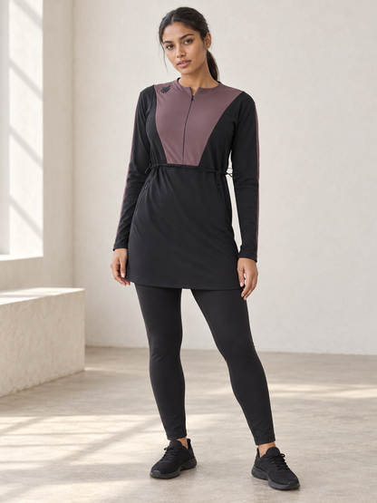 Onyx Flow Longline Modest Training Top — Black & Burnt Mauve
