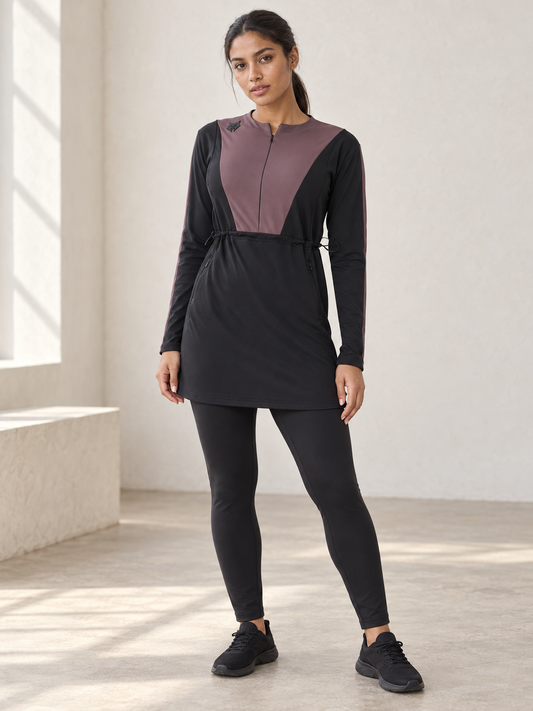 Onyx Flow Longline Modest Training Top — Black & Burnt Mauve
