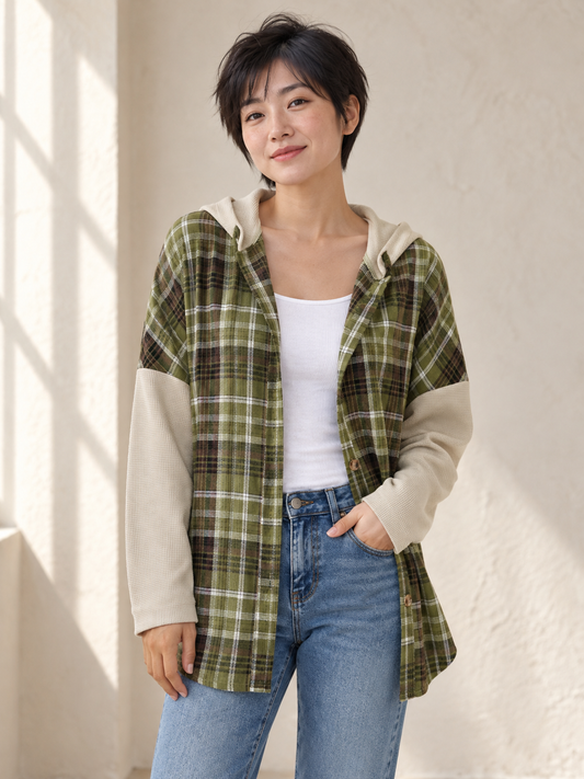 Plaid hooded shirt with contrast sleeves