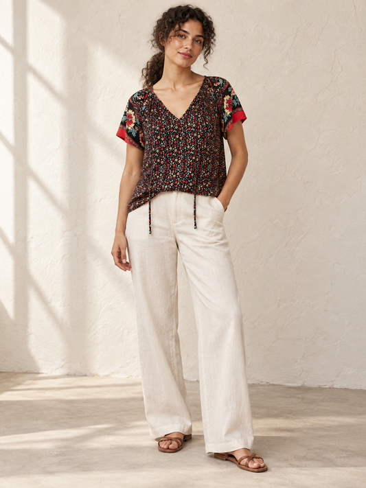 Floral-print tie-neck blouse
