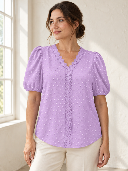 Swiss-dot lace-trim puff-sleeve blouse