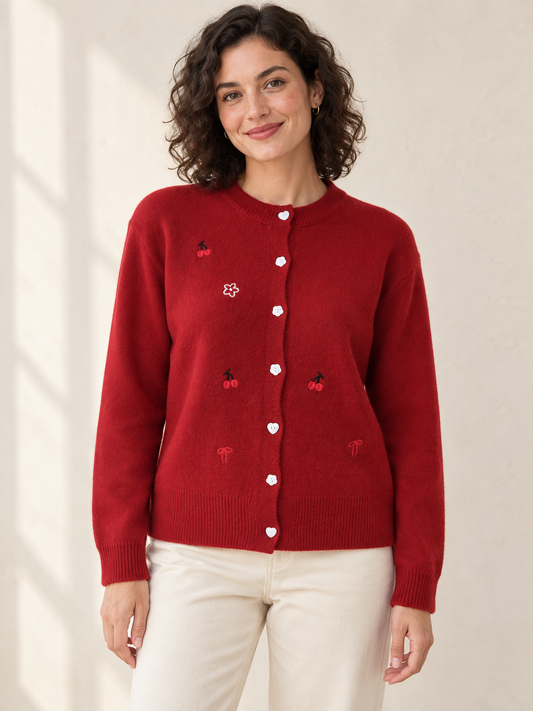 Cherry-detail button-front cardigan