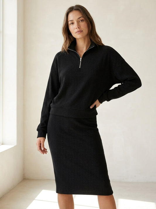 Ribbed quarter-zip top and skirt set