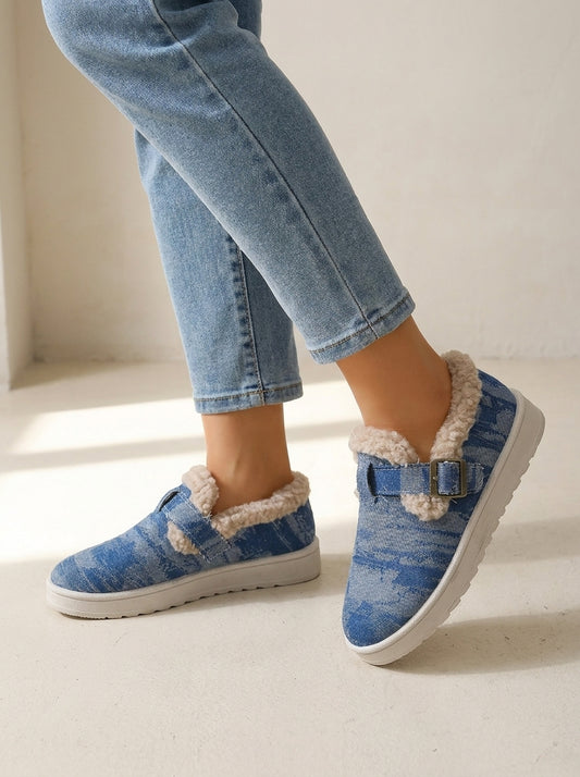 Lined denim-look buckle shoes