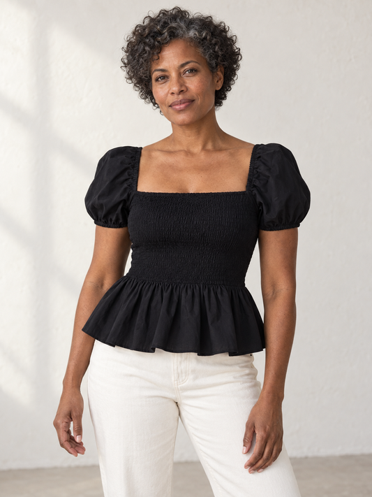 Black Cotton Peplum Blouse