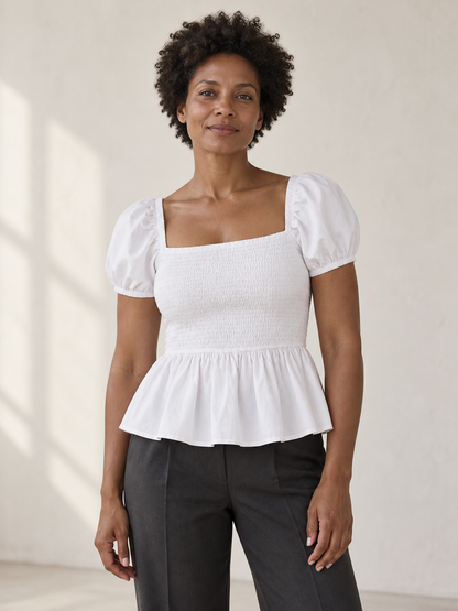 White Cotton Peplum Blouse