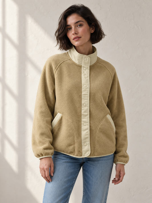 Contrast-trim snap-front fleece jacket
