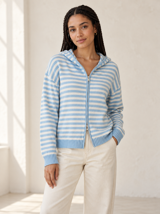Striped zip-front hooded cardigan