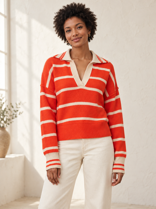 Striped open-collar sweater