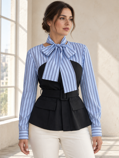 Striped bow-neck blouse with contrast bodice