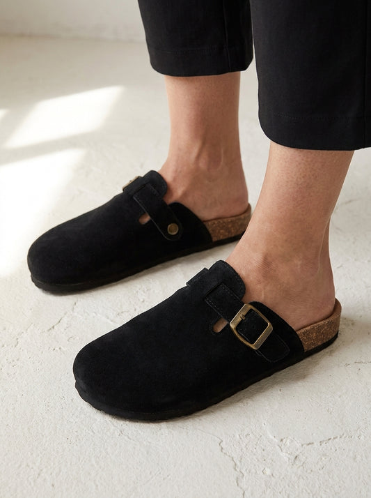 Faux-suede closed-toe buckle clogs