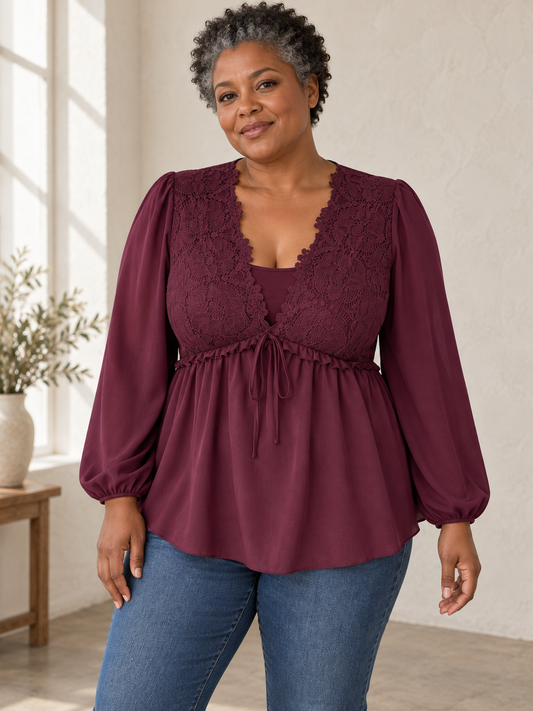 Lace-Panel V-Neck Blouse