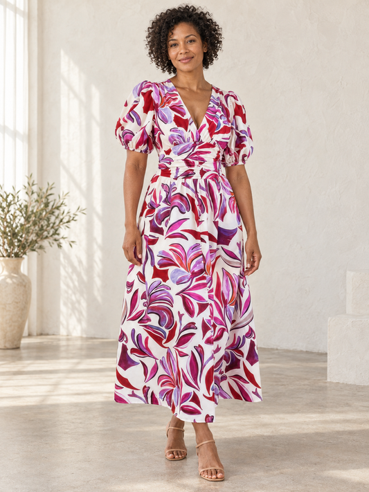Floral Puff-Sleeve Midi Dress