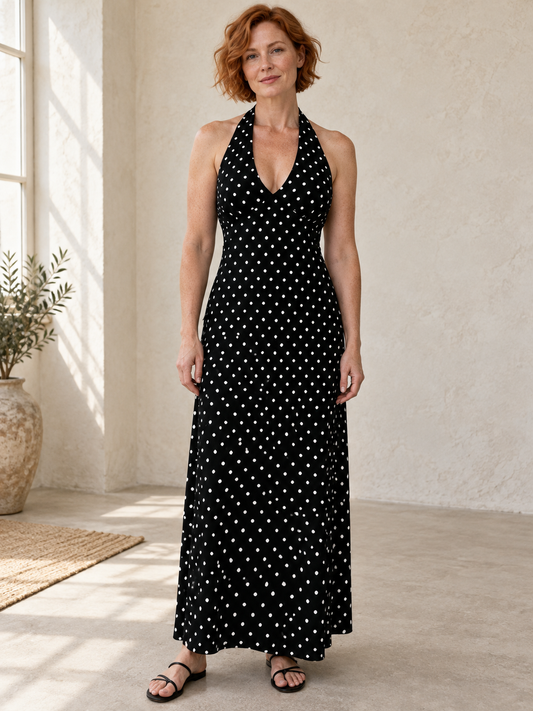 Polka-Dot Halter Maxi Dress