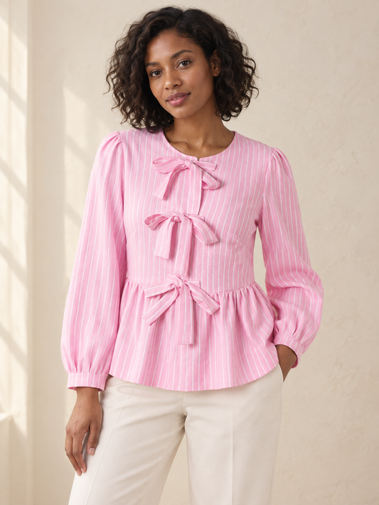 Striped bow-front peplum blouse