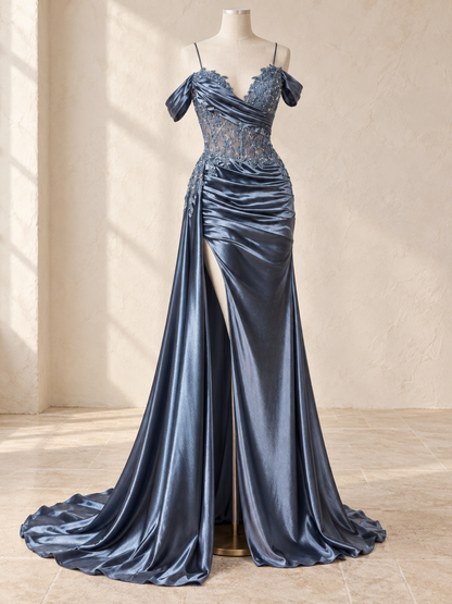 OFF THE SHOULDER SATIN & LACE DRESS