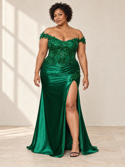 SATIN CURVE DRESS with OFF THE SHOULDER LACE