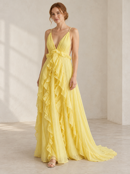 The Juliette Crinkle Chiffon Ruffle Maxi Dress- Stylist's Pick