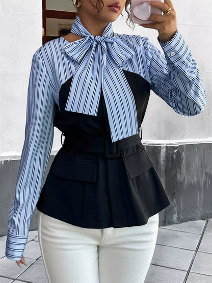 Striped bow-neck blouse with contrast bodice